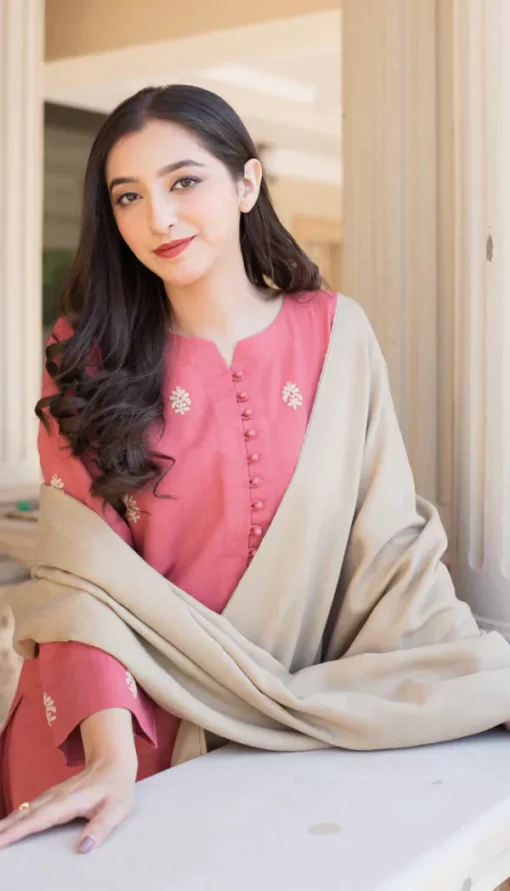 Aisling -3PC Dhanak suit with Embroidered Shawll