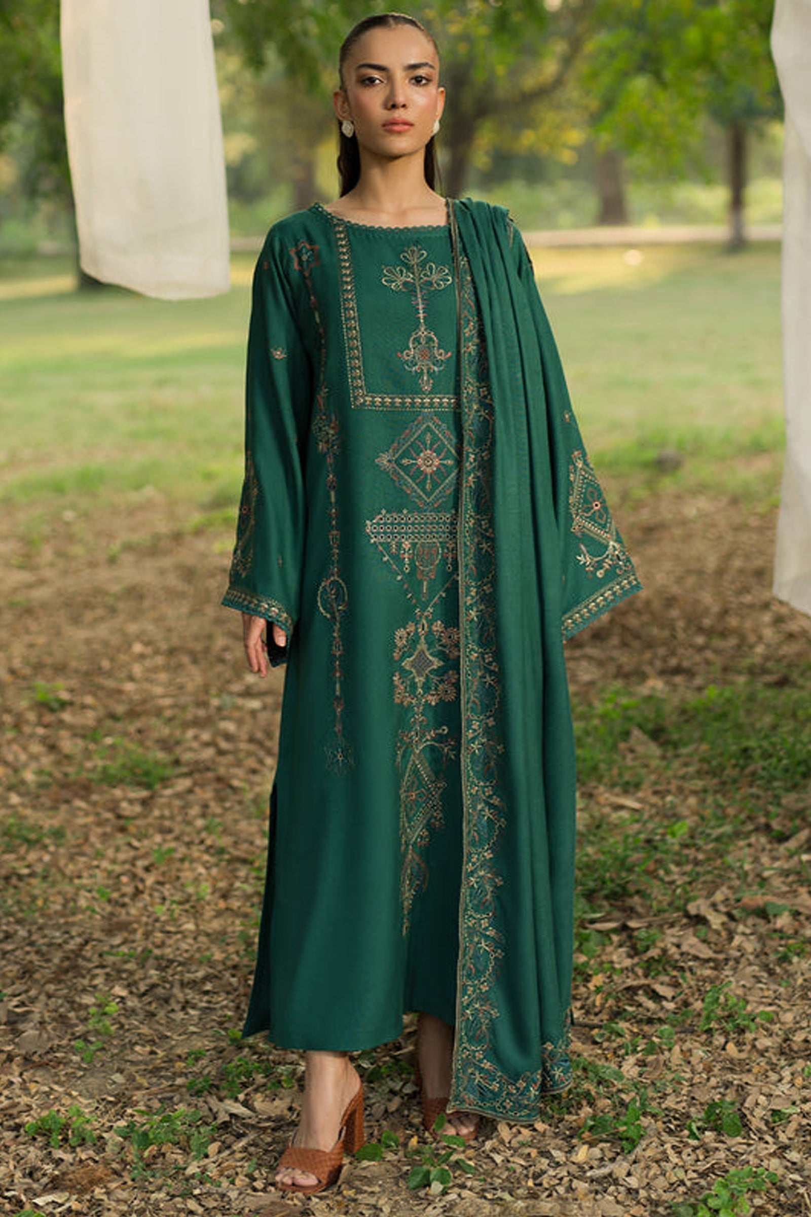 SAPPHIRE-3PC DHANAK EMBROIDERED SHIRT WITH DHANAK EMBROIDERED SHAWL AND TROUSER