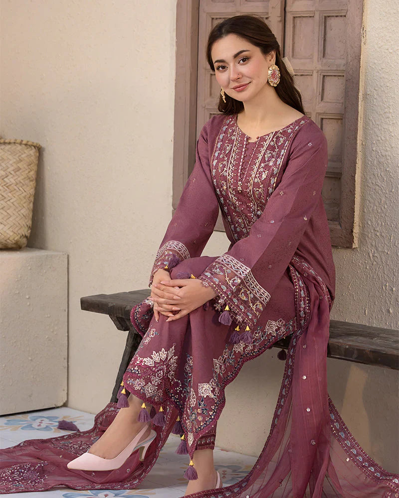 ALLYS - 3PC Dhanak Full Embroidered Suit With Full Embroidered Dhanak Shawl
