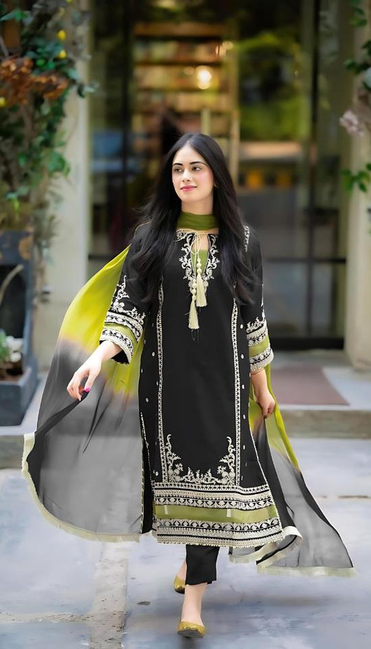 OMAL Black- 3PC LAWN EMBROIDERED Suite With Bamber Dupatta