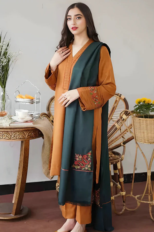 Asling 3PC Dhanak suit with Embroidered Shawll