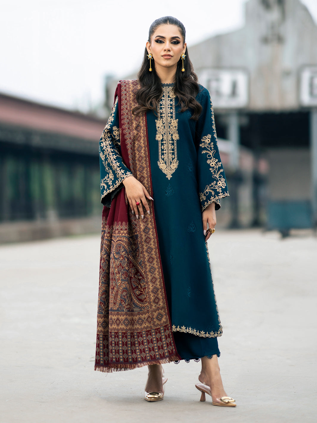 IZEL-3PC DHANAK EMBROIDERED SHIRT WITH COURTRAI PRINTED SHAWL & TROUSER-
