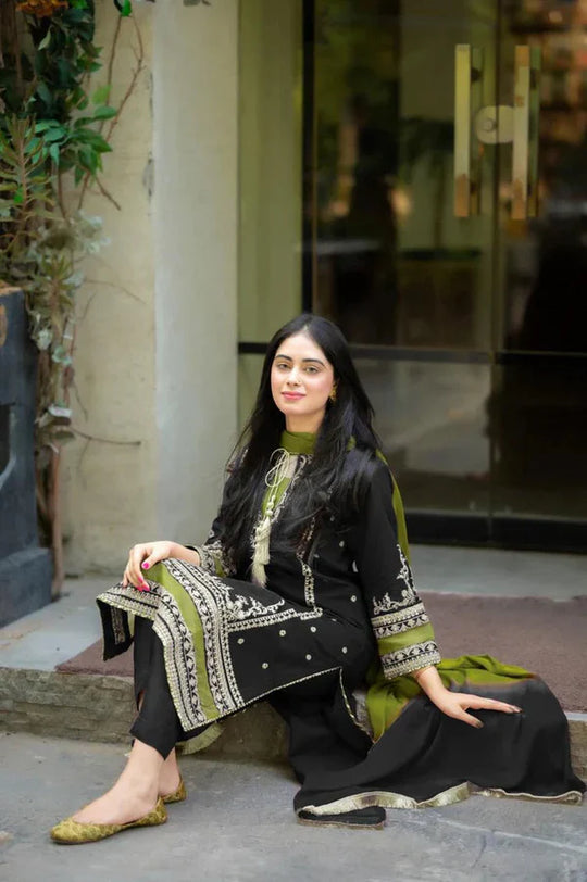 OMAL Black- 3PC LAWN EMBROIDERED Suite With Bamber Dupatta
