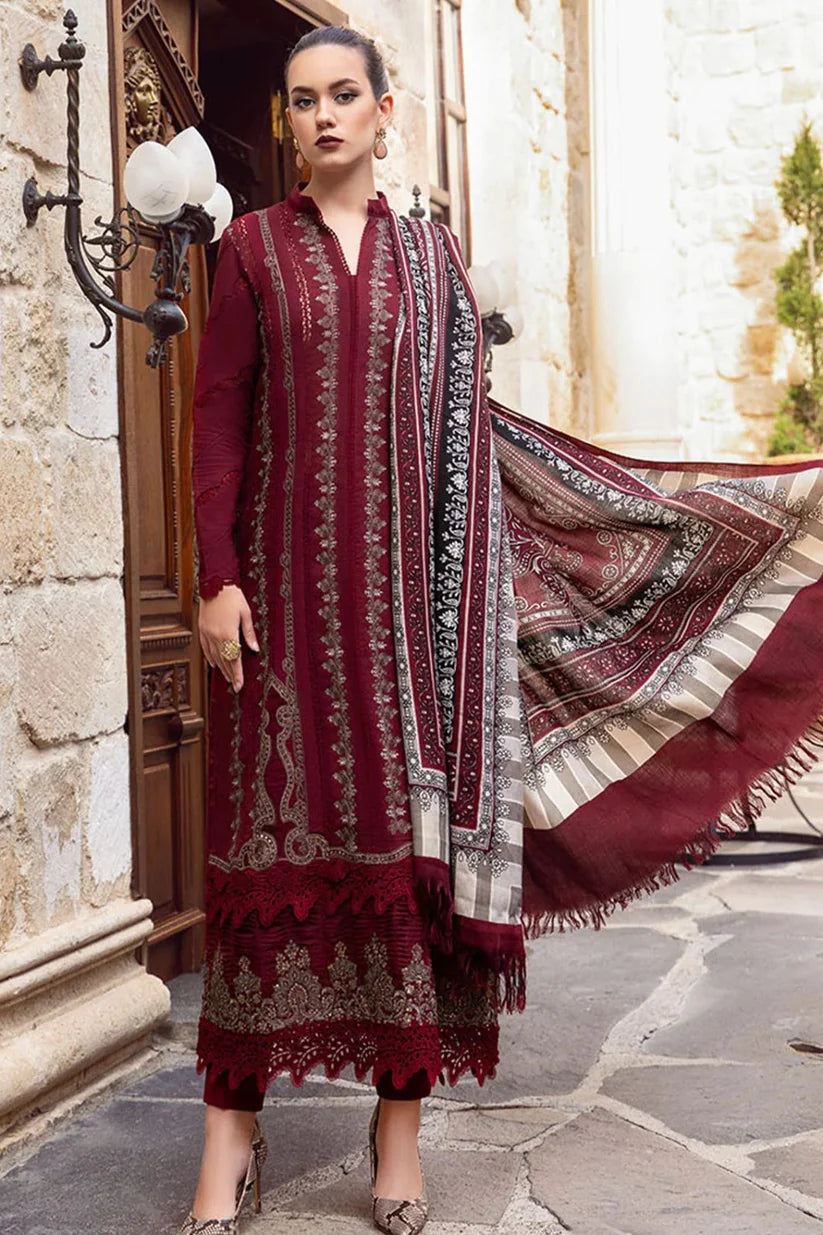 MARIA B - 3PC DHANAK EMBROIDERED SHIRT WITH COUTURE WOOL PRINT SHAWL AND DHANAK TROUSER