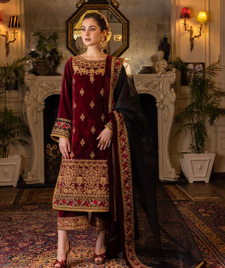 Unstitched 3PCs Embroidered Velvet With Organza Dopata