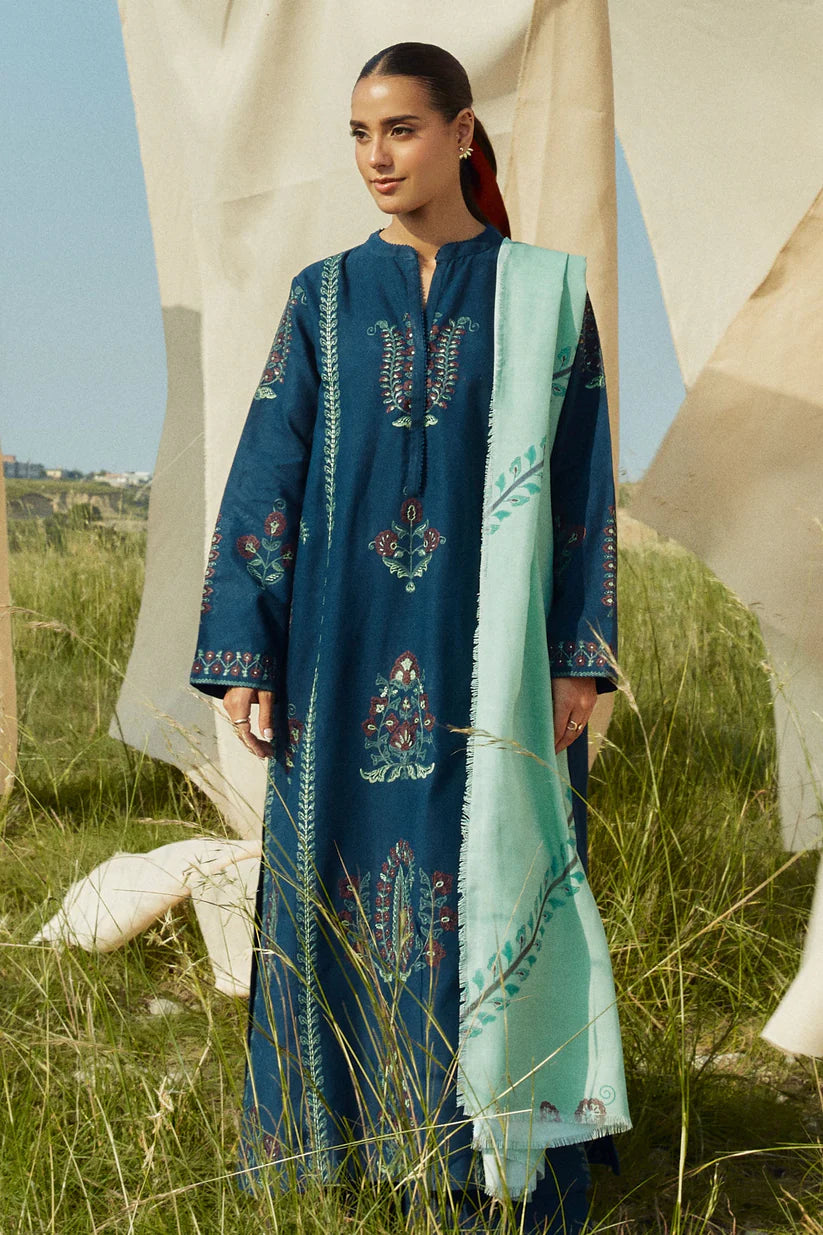 ZARA SHAHJAHAN- 3PC DHANAK EMBROIDERED SHIRT WITH COURTAI WOOL PRINT SHAWL AND TROUSER