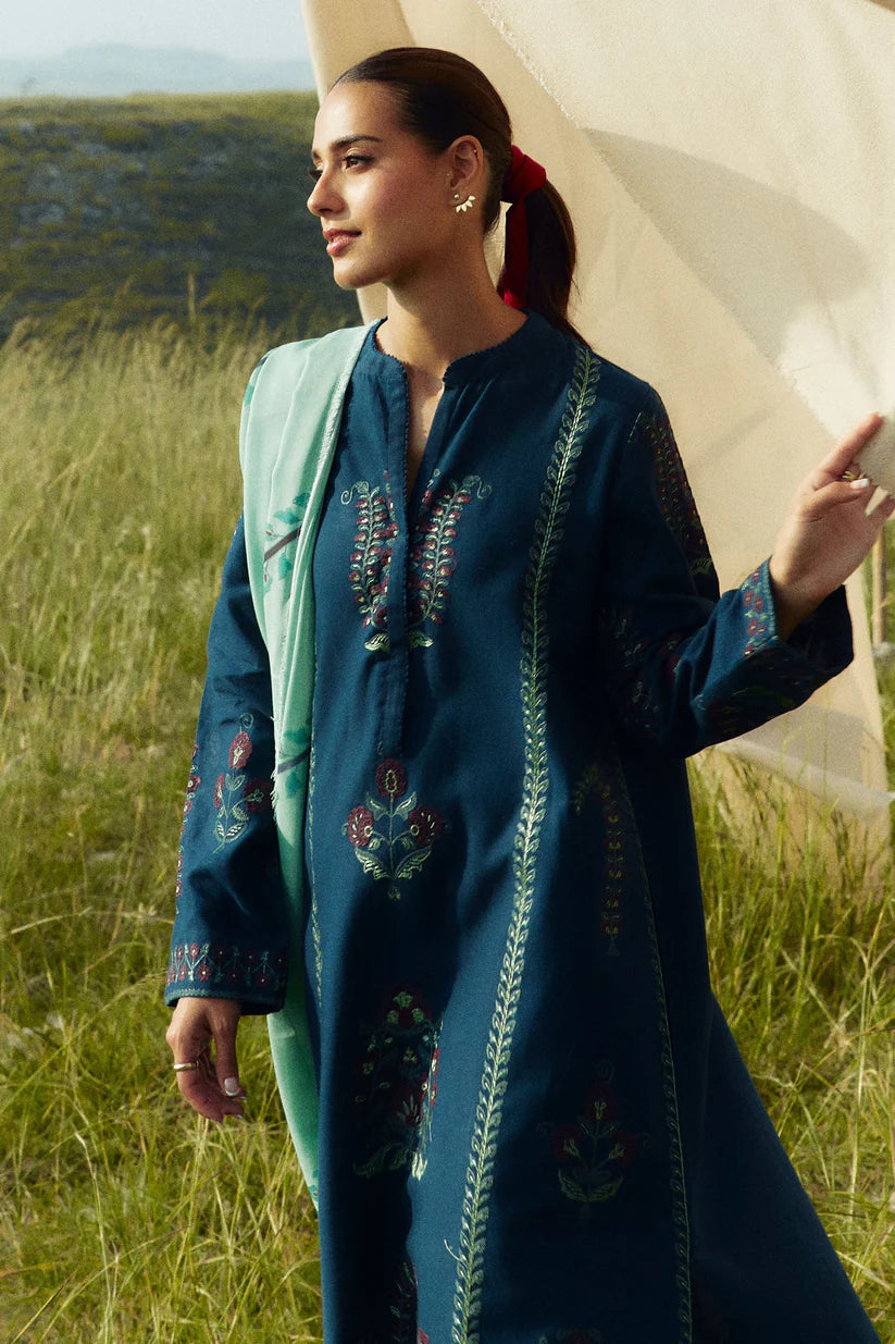 ZARA SHAHJAHAN- 3PC DHANAK EMBROIDERED SHIRT WITH COURTAI WOOL PRINT SHAWL AND TROUSER