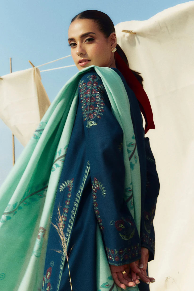 ZARA SHAHJAHAN- 3PC DHANAK EMBROIDERED SHIRT WITH COURTAI WOOL PRINT SHAWL AND TROUSER