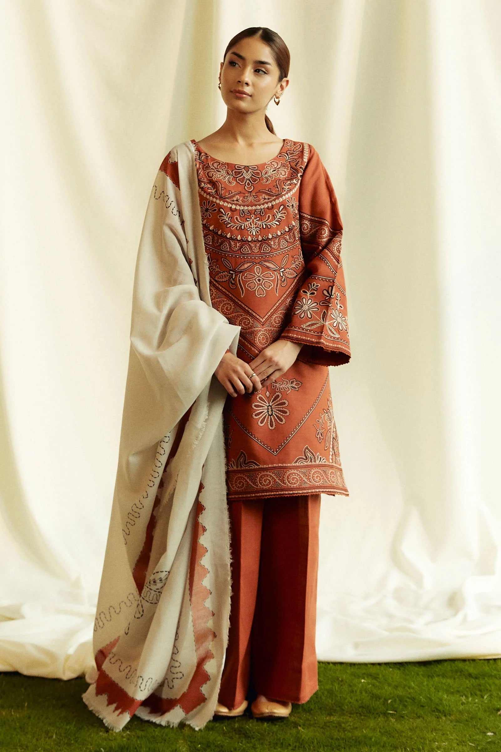 3 Piece Unstitched Heavy Embroidered Dhanak Suit with Printed Woolen Shawl
