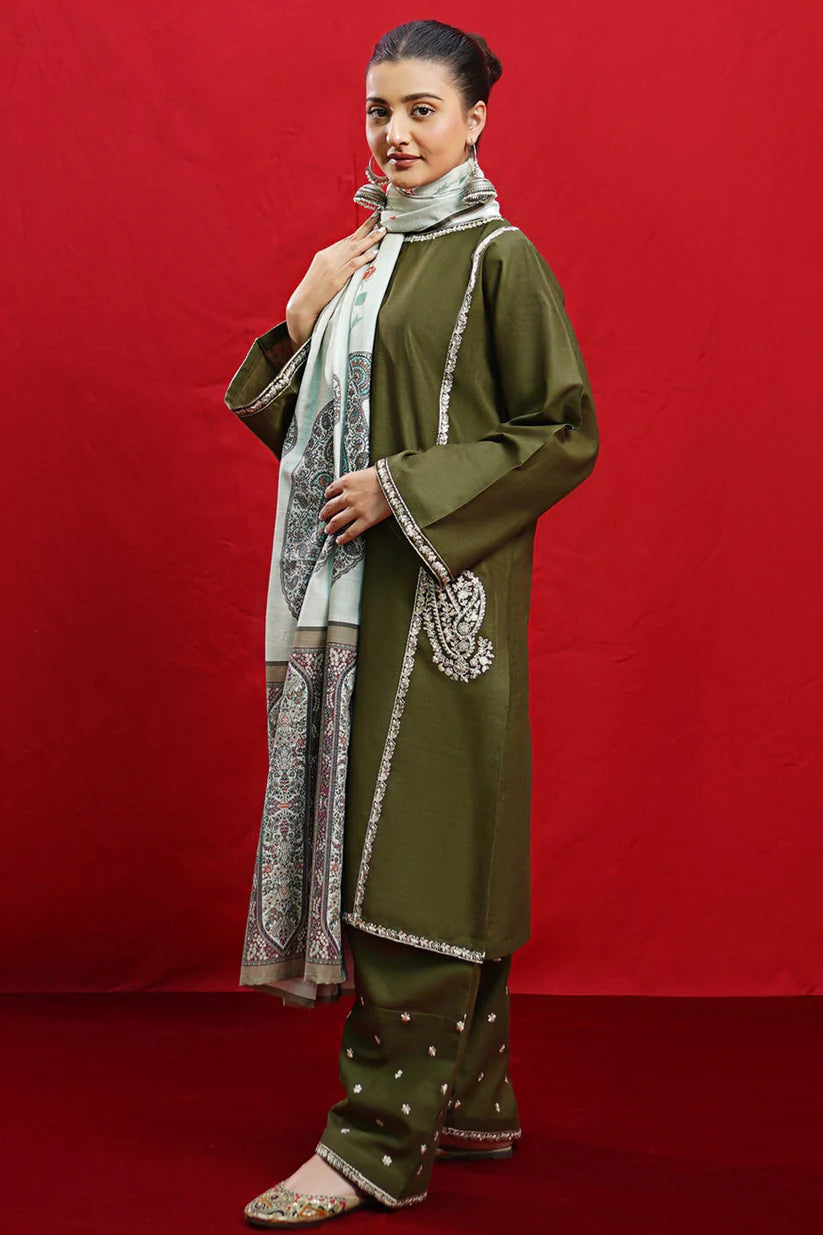 Urge- 3PC Dhanak Embroidered Shirt With Twil Print Wool Shawl & Trouser