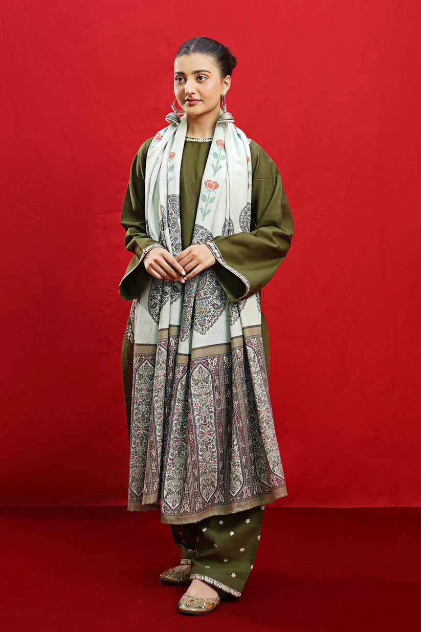 Urge- 3PC Dhanak Embroidered Shirt With Twil Print Wool Shawl & Trouser