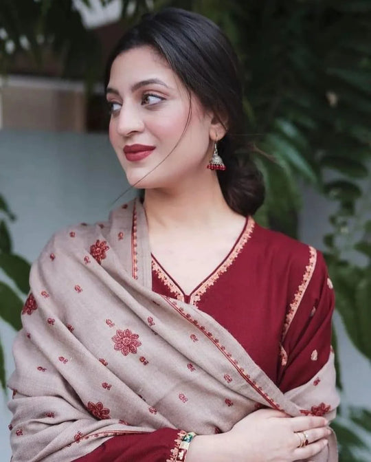 Asling 3PC Dhanak suit with Embroidered Shawll