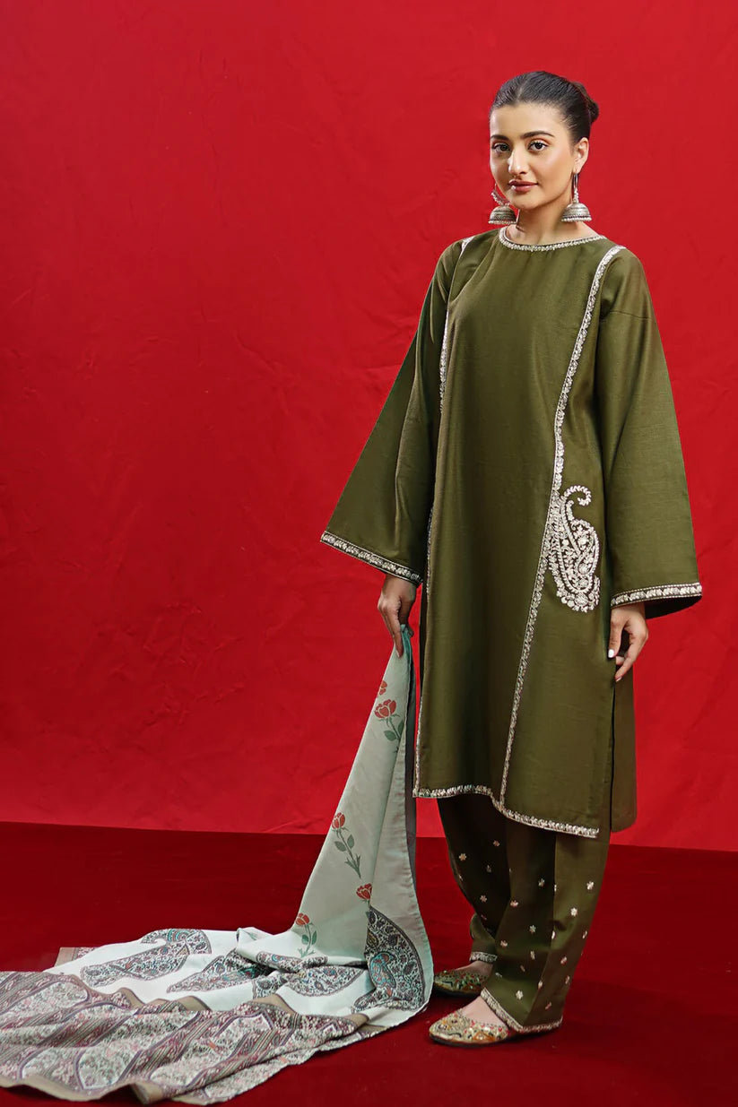 Urge- 3PC Dhanak Embroidered Shirt With Twil Print Wool Shawl & Trouser