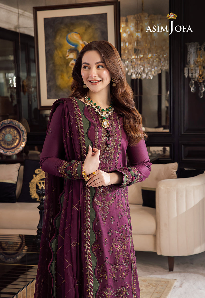 ASIM JOFA-3PC DHANAK EMBROIDERED SHIRT WITH DHANAK EMBROIDERED SHAWL & DHANAK TOUSER