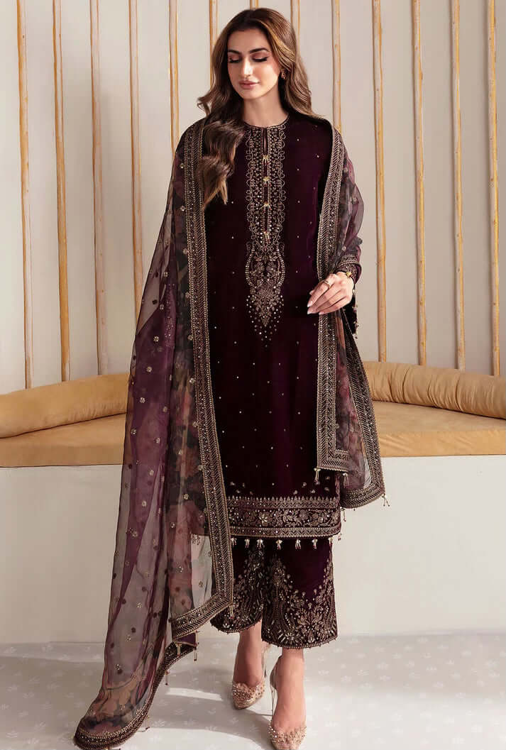 Unstitched 3PCs Velvet Embroidered Dress With Embroidered Organza Dupatta