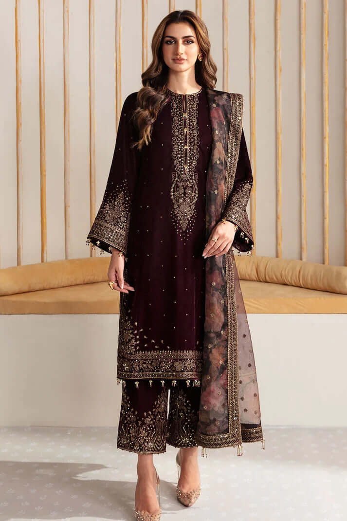 Unstitched 3PCs Velvet Embroidered Dress With Embroidered Organza Dupatta