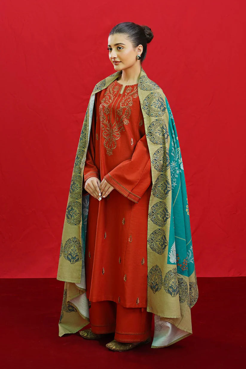 URGE-3PC DHANAK EMBROIDERED SHIRT WITH COUTURE PRINTED SHAWL & EMB TROUSER